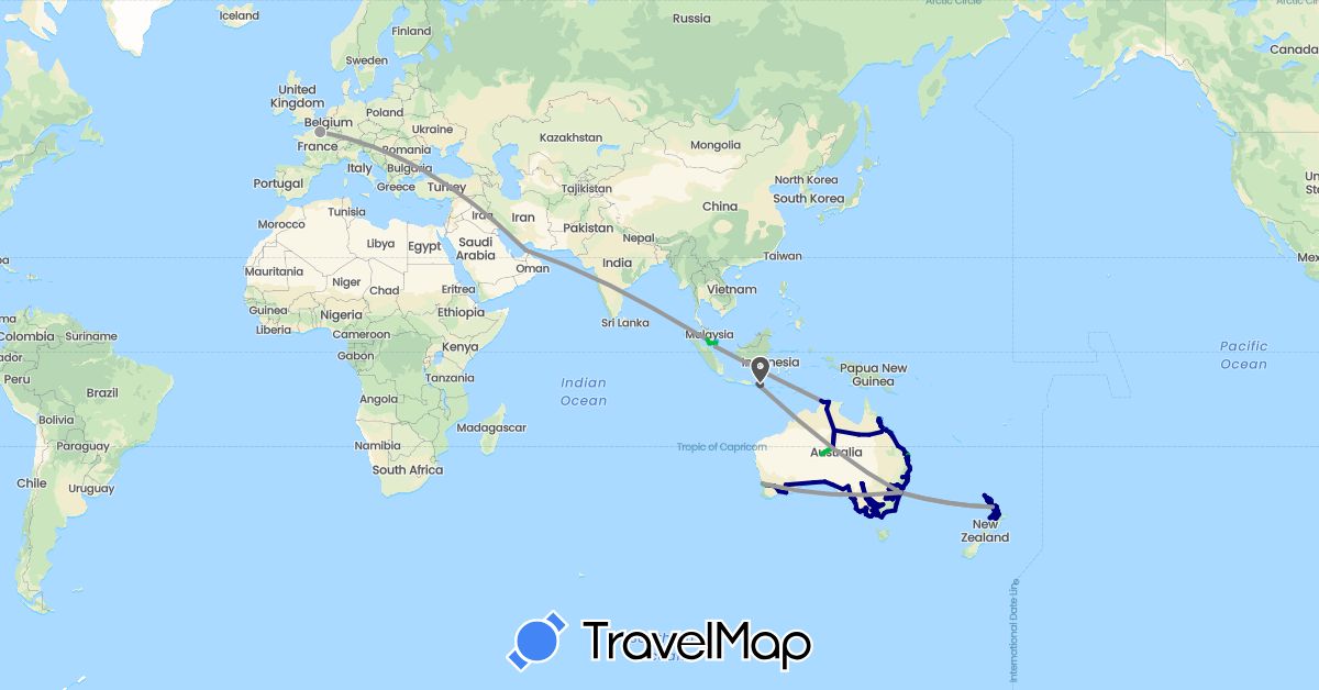 TravelMap itinerary: driving, bus, plane, boat, motorbike in United Arab Emirates, Australia, France, Indonesia, Malaysia, New Zealand, Singapore (Asia, Europe, Oceania)